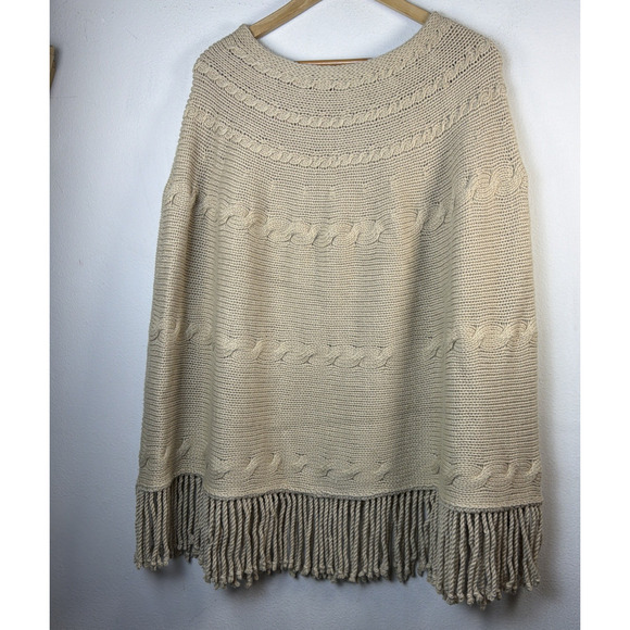 Lands End large XL Poncho Sweater Tan Pullover Cable Knit Fringe Wool Blend - Picture 6 of 9